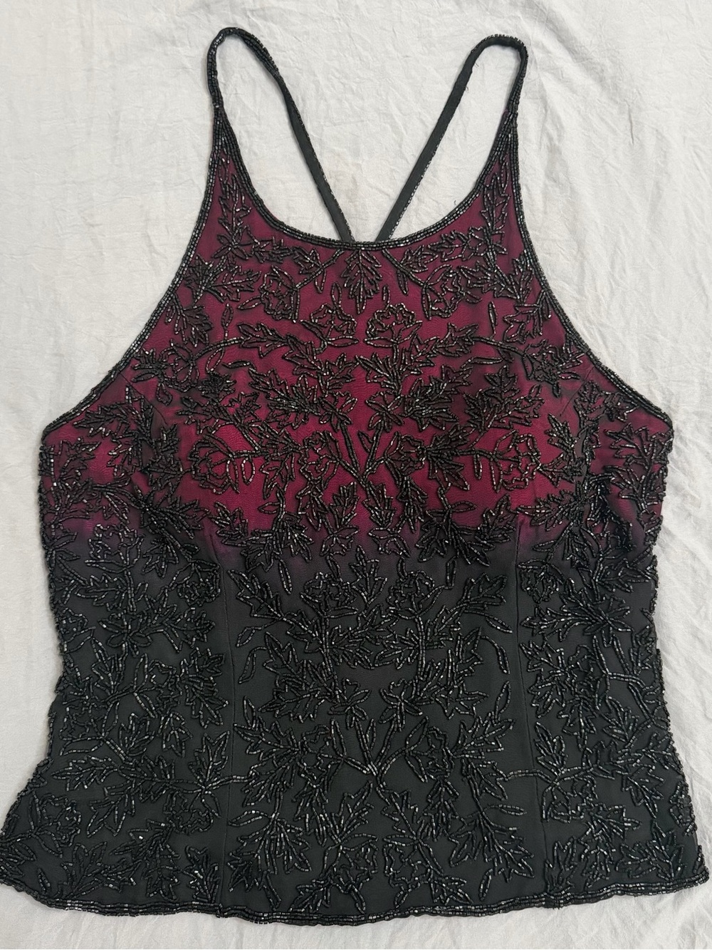 CECILY BROWN Vintage Silk Beaded Criss Cross Back Tank Camisol Top Size L